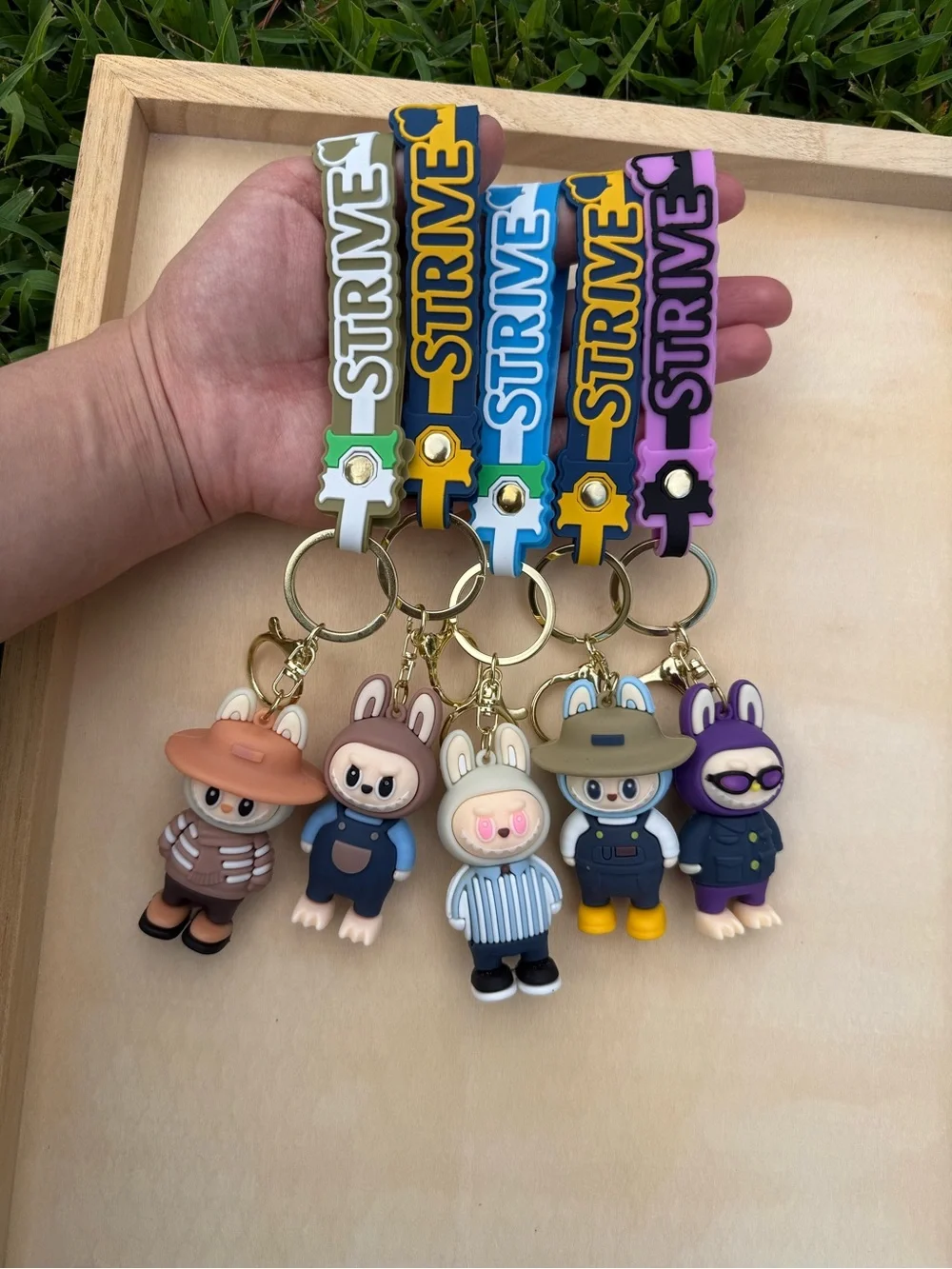 Cute Labubu Rabbit Keychain with Blue Strap - STRIVE-Silicone Cartoon Pet Charm
